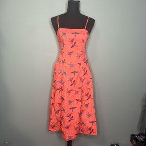 Free People Coral Midi Dress with Blue & Pink Bird Print